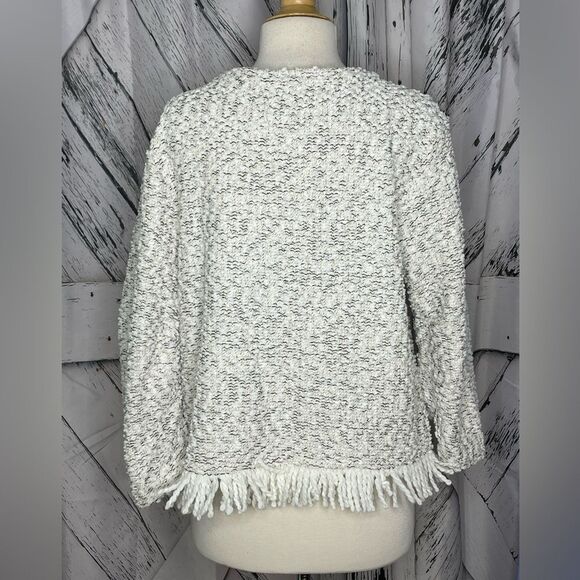 Vince Camuto Ruched Sleeve Boucle Fringe Pullover Pearl Ivory Size L - Picture 3 of 7
